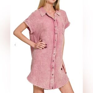 Zenana double gauze button down Shirt Dress Garment Washed Rose Pink NEW